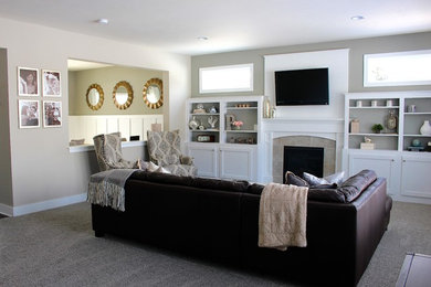 Large transitional open concept carpeted family room photo in Grand Rapids with a standard fireplace, a tile fireplace and a media wall