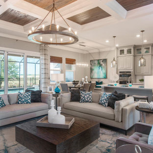 Offenes Maritimes Wohnzimmer mit grauer Wandfarbe, braunem Holzboden und Kassettendecke in Tampa