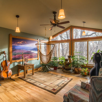 Example of a mountain style medium tone wood floor and brown floor family room design in Denver with a music area and green walls