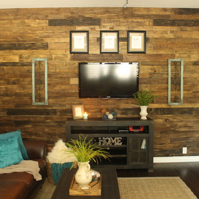 Inspiration for a mid-sized rustic enclosed dark wood floor game room remodel in Phoenix with beige walls, no fireplace and a wall-mounted tv