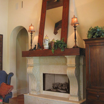 Scroll Limestone Fireplace with Wood Mantle