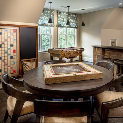 Game room - large rustic enclosed dark wood floor and brown floor game room idea in DC Metro with beige walls, no fireplace and a wall-mounted tv