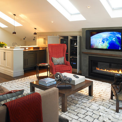 Family room - traditional loft-style dark wood floor family room idea in San Francisco with beige walls, a concrete fireplace, a wall-mounted tv and a ribbon fireplace