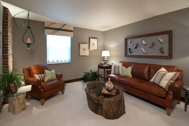 Family room - small eclectic enclosed carpeted family room idea in Columbus with green walls, no fireplace and a media wall