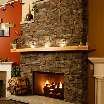 Shelf mantel on a dry stack stone wall