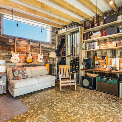 Example of a mountain style enclosed family room design in Other with a music area and brown walls
