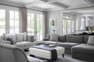 Example of a transitional carpeted family room design in New York with gray walls