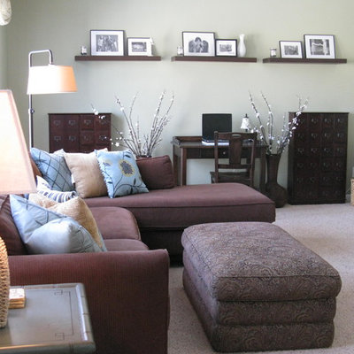 Trendy carpeted family room photo in Philadelphia with gray walls