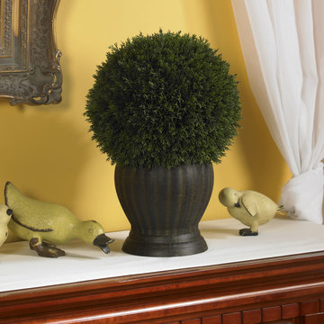 Silk Cedar Ball Topiary, Traditional Family Room Fireplace Mantel