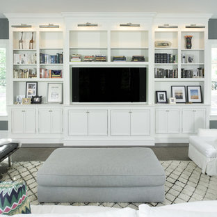 Inspiration for a classic games room in DC Metro with grey walls, carpet, no fireplace and a wall mounted tv.
