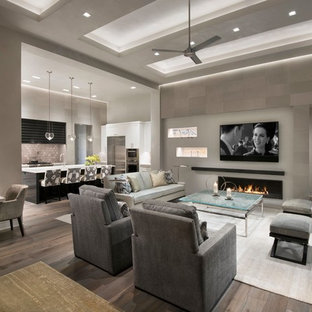 Example of a large minimalist open concept medium tone wood floor and brown floor family room design in Phoenix with gray walls, a ribbon fireplace and a wall-mounted tv