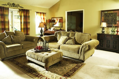 Family room - traditional carpeted family room idea in Other with beige walls