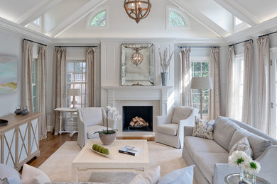 Example of a large transitional open concept medium tone wood floor family room design in DC Metro with a standard fireplace and a stone fireplace