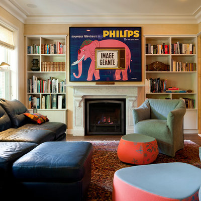 Inspiration for a contemporary family room remodel in Boston with yellow walls