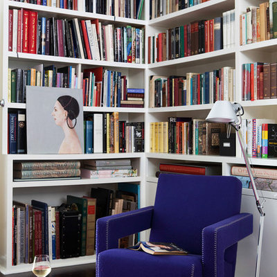 Inspiration for a small contemporary open concept dark wood floor family room library remodel in Melbourne with white walls