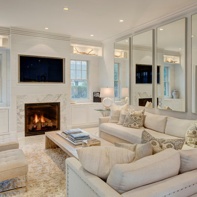 Family room - mid-sized contemporary open concept family room idea in New York with white walls, a standard fireplace, a media wall and a stone fireplace