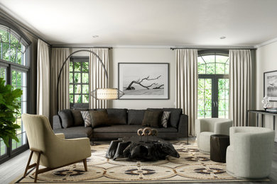 Family room - modern enclosed medium tone wood floor and gray floor family room idea in New York with gray walls and a wall-mounted tv