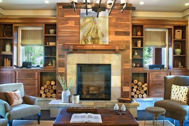 Inspiration for a large contemporary open concept medium tone wood floor family room remodel in Nashville with a standard fireplace and a stone fireplace