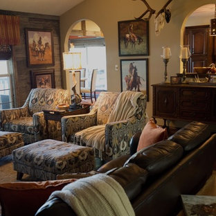 Inspiration for a mid-sized rustic open concept dark wood floor family room remodel in Nashville with multicolored walls and a tv stand