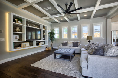 Transitional family room photo in Jacksonville with a media wall