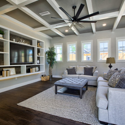 Transitional family room photo in Jacksonville with a media wall
