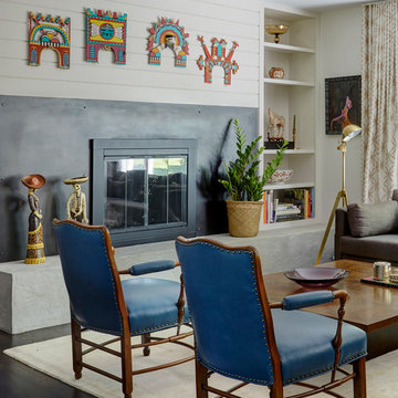 Stained Concrete Fireplace with Shiplap and Built-Ins