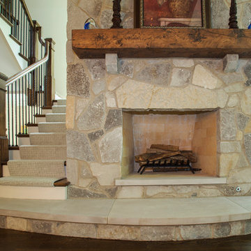Stone Surround Fireplace with Distressed Fir Mantel, Limestone Swell Step