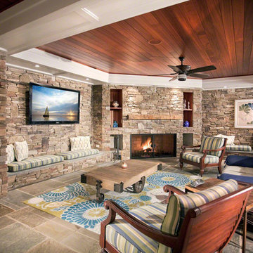 Stone Wall Living Room with Custom Furniture