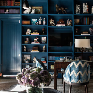 Mid-sized elegant enclosed carpeted and beige floor game room photo in Dallas with blue walls, a media wall and no fireplace
