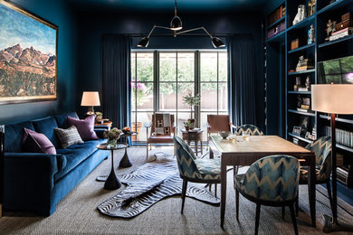 Inspiration for a mid-sized timeless enclosed carpeted and beige floor game room remodel in Dallas with blue walls, no fireplace and a media wall