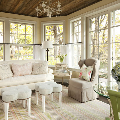 Family room - mid-sized shabby-chic style family room idea in Minneapolis with yellow walls, no fireplace and no tv