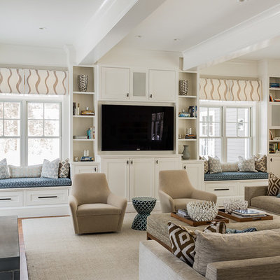 Inspiration for a large transitional open concept light wood floor and beige floor family room library remodel in Boston with a media wall, beige walls and no fireplace