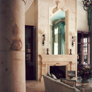 Tall Macedonia Limestone Fireplace with Mirror