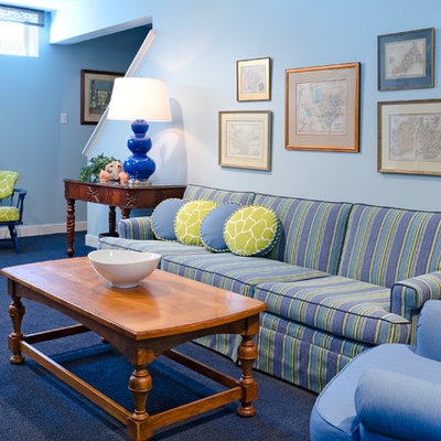 Inspiration for a timeless carpeted family room remodel in Richmond with blue walls