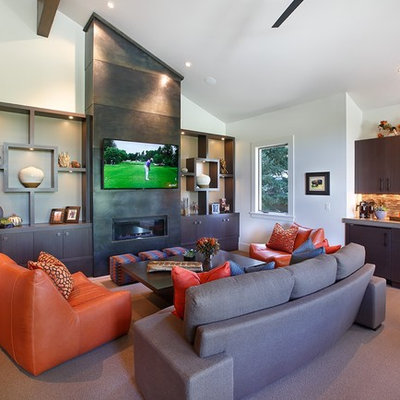 Family room - mid-sized contemporary open concept carpeted and brown floor family room idea in Salt Lake City with a ribbon fireplace, a metal fireplace, a media wall and white walls
