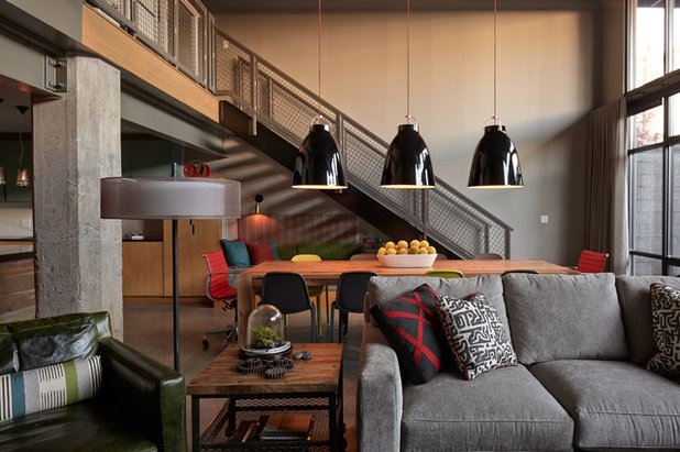 Industrial Family Room by lisa schmitz interior design