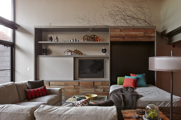 Industrial Family Room by lisa schmitz interior design