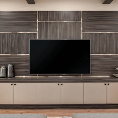 Inspiration for a modern family room remodel in Salt Lake City with a media wall
