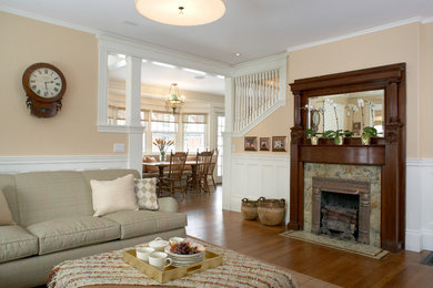Inspiration for a mid-sized transitional enclosed medium tone wood floor family room remodel in Boston with beige walls, a standard fireplace, a tile fireplace and a wall-mounted tv