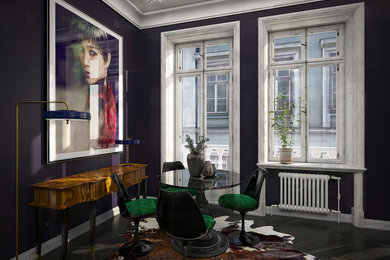 お手頃価格の中くらいなエクレクティックスタイルのおしゃれなオープンリビング (ライブラリー、紫の壁、無垢フローリング、暖炉なし、テレビなし、グレーの床) の写真