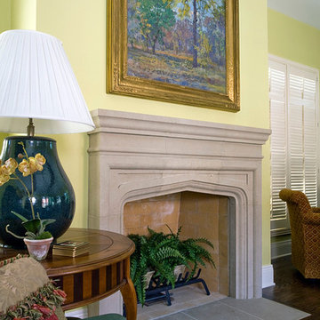 Traditional Kenilworth Family Room with Flush Hearth Limestone Fireplace