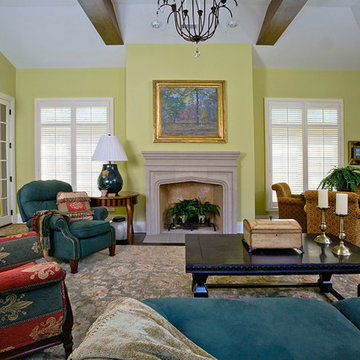Traditional Kenilworth Family Room with Limestone Fireplace and Collar Ties