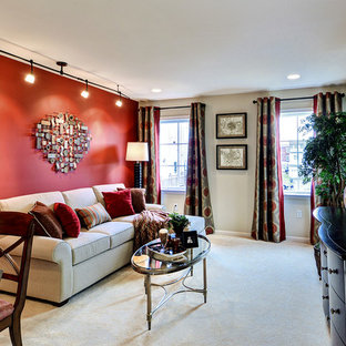 Game room - small traditional carpeted game room idea in Philadelphia with red walls and a wall-mounted tv