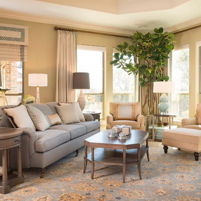 Transitional dark wood floor family room photo in Dallas with yellow walls and no fireplace