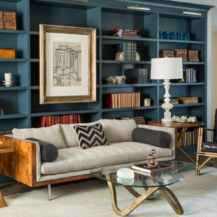 Mid-sized transitional enclosed dark wood floor family room library photo in San Francisco with beige walls, no fireplace and no tv