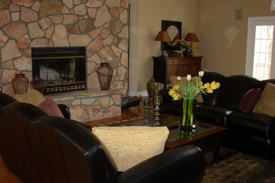 Example of a large transitional open concept painted wood floor family room design in Other with beige walls, a standard fireplace and a stone fireplace