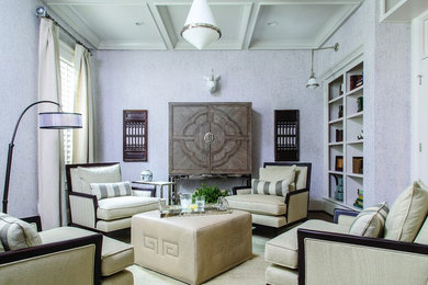 На фото: изолированная гостиная комната среднего размера в стиле неоклассика (современная классика) с фиолетовыми стенами, ковровым покрытием и скрытым телевизором без камина