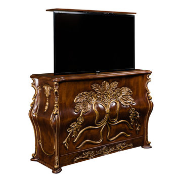 TV Lift Cabinet, Hand Carved Ribbon Bombay TV Lift Cabinet