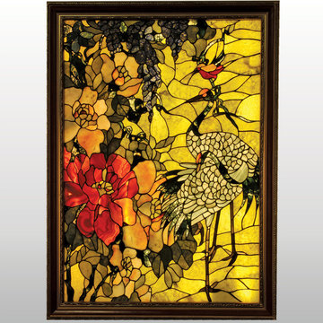 Twin Cranes and A Humming Bird Framed Backlit Gemstone Art Nouveau Wall Art