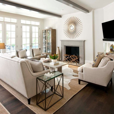 Inspiration for a timeless dark wood floor family room remodel in Dallas with white walls, a standard fireplace and a wall-mounted tv